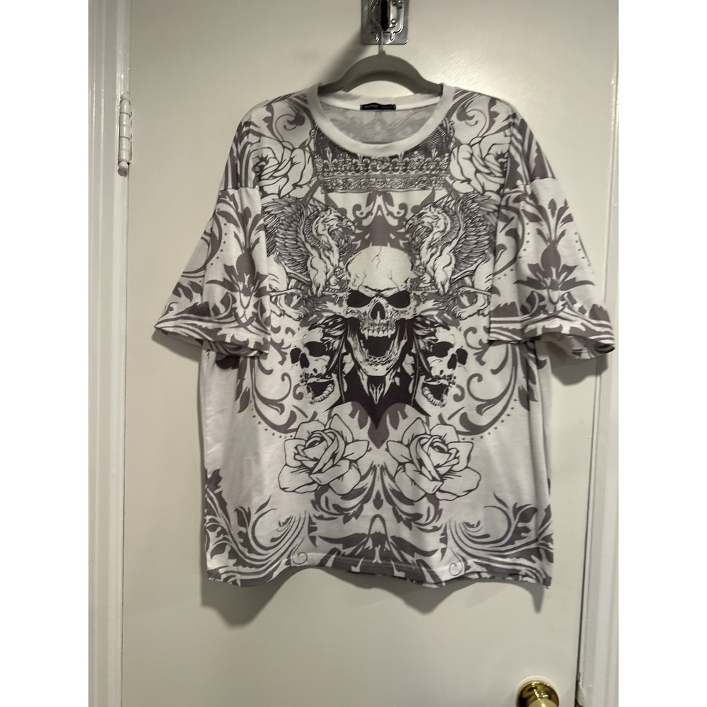 ROMWE Goth Skull AOP Print Tee Sz:XXL Affliction Style crown floral scrollwork